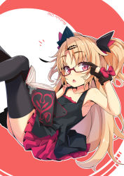 Rule 34 | 1girl, :&lt;, adjusting eyewear, akatsuki uni, arm up, armpits, black gloves, black tank top, black thighhighs, blonde hair, blush, book, bow, character name, collarbone, commentary request, crossed legs, fang, glasses, gloves, hair between eyes, hair ornament, hairclip, head tilt, highres, long hair, looking at viewer, ogami kazuki, open book, parted bangs, parted lips, pleated skirt, red-framed eyewear, red bow, red eyes, red skirt, semi-rimless eyewear, skirt, solo, tank top, thighhighs, triangle mouth, two side up, under-rim eyewear, uni create, very long hair, virtual youtuber