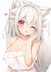 Rule 34 | 1girl, ;p, alternate costume, animal ear fluff, animal ears, blush, breasts, cleavage, collarbone, commentary request, dress, heart, inubashiri momiji, large breasts, no headwear, no headwear, off-shoulder dress, off shoulder, one eye closed, rururiaru, short hair, simple background, sleeveless, sleeveless dress, solo, tail, tongue, tongue out, touhou, upper body, white background, white dress, white hair, wolf ears, wolf tail