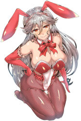 Rule 34 | 10s, 1girl, animal ears, bare shoulders, black pantyhose, blush, breasts, cleavage, covered navel, detached collar, elbow gloves, fake animal ears, gloves, granblue fantasy, grey hair, hand on own hip, highres, huge breasts, leotard, long hair, looking at viewer, magisa (granblue fantasy), orange eyes, pantyhose, playboy bunny, rabbit ears, red eyes, red gloves, seiza, simple background, sitting, smile, solo, wakura (gcdan), white background