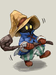 Rule 34 | 1boy, artist name, baggy pants, black mage (final fantasy), blue coat, brown footwear, coat, commentary, final fantasy, final fantasy ix, full body, gloves, glowing, glowing eyes, grey background, hat, highres, holding, holding staff, lace-up, male focus, pants, red gloves, shadow, simple background, solid oval eyes, solo, staff, standing, striped clothes, striped pants, uzutanco, vertical stripes, vivi ornitier, wizard hat, yellow eyes