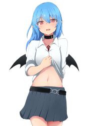 Rule 34 | 1girl, arm behind back, bat wings, belt, black choker, blue hair, breasts, bright pupils, choker, clothes lift, cowboy shot, fang, grey skirt, hair between eyes, head tilt, highres, jewelry, lifted by self, looking at viewer, midriff, mizune (winter), navel, open mouth, original, pendant, pleated skirt, pointy ears, red eyes, shirt, shirt lift, short hair, simple background, skin fang, skirt, sleeves rolled up, small breasts, solo, white background, white pupils, white shirt, wings