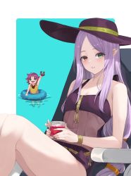 Rule 34 | 2girls, absurdres, bare shoulders, blue background, collarbone, covered navel, crab, cup, facial mark, fae (fire emblem), fire emblem, fire emblem: the binding blade, fire emblem heroes, forehead mark, green eyes, hat, heterochromia, highres, holding, holding cup, idunn (fire emblem), innertube, light persona, looking at viewer, multiple girls, nintendo, one-piece swimsuit, open mouth, pointy ears, purple eyes, purple one-piece swimsuit, ritence, see-through, simple background, sitting, solo focus, sun hat, swim ring, swimsuit