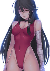 Rule 34 | 1girl, bandages, bandaged arm, bandages, black choker, black hair, breasts, choker, cleavage, collarbone, covered navel, cowboy shot, hai (h81908190), hair between eyes, highleg, highleg swimsuit, long hair, medium breasts, one-piece swimsuit, parted lips, red one-piece swimsuit, simple background, solo, standing, swimsuit, tales of (series), tales of berseria, velvet crowe, white background, yellow eyes