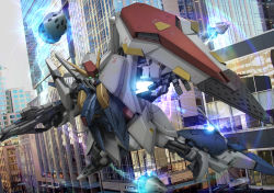 Rule 34 | beam rifle, building, city, commentary request, energy gun, flying, funnels (gundam), green eyes, gundam, gundam hathaway&#039;s flash, hiropon (tasogare no puu), mecha, missile, mobile suit, no humans, photo background, robot, science fiction, shield, solo, v-fin, weapon, xi gundam