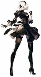 Rule 34 | 1girl, absurdres, android, bandages, bandages over eyes, black dress, black footwear, black thighhighs, blindfold, boots, cleavage cutout, clothing cutout, dress, full body, gloves, hairband, high heel boots, high heels, highres, mole, mole under mouth, nier (series), nier:automata, official art, puffy short sleeves, puffy sleeves, short hair, short sleeves, simple background, skirt, solo, standing, thigh boots, thighhighs, two-sided fabric, two-sided skirt, white background, white hair, 2b (nier:automata), yoshida akihiko