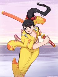 Rule 34 | 1girl, afrobull, black hair, female focus, highres, holding, holding sword, holding weapon, japanese clothes, kikunojo (one piece), long hair, nipples, one piece, pink sash, sash, solo, sword, watermark, weapon, web address