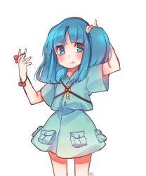 Rule 34 | 1girl, :q, absurdres, arm up, bad id, bad twitter id, blue dress, blue eyes, blue hair, blunt bangs, blush, commentary request, cowboy shot, dress, hair bobbles, hair down, hair ornament, hand up, highres, holding, holding hair ornament, holding own hair, kawashiro nitori, key, looking at viewer, no headwear, one side up, pocket, shan, short dress, short hair, short sleeves, simple background, solo, standing, thighs, tongue, tongue out, touhou, tying hair, white background