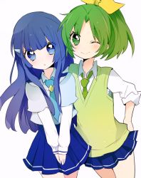 Rule 34 | 10s, 2girls, aoki reika, bad id, bad pixiv id, blue eyes, blue hair, blue necktie, blush, eyelashes, green eyes, green hair, green necktie, green sweater vest, hair ornament, hairclip, hand on own hip, hip focus, long hair, looking at viewer, midorikawa nao, multiple girls, necktie, one eye closed, precure, shichi, short hair, skirt, sleeves rolled up, smile, smile precure!, sweater vest, v arms, white background, wink