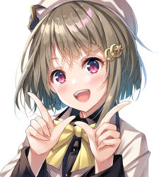 1girl blush commentary_request crescent crescent_hair_ornament future_parade_(love_live!) grey_hair hair_ornament hat looking_at_viewer love_live! love_live!_nijigasaki_high_school_idol_club nakasu_kasumi pink_eyes short_hair sidelocks smile star_(symbol) star_hair_ornament upper_body wakui_tomo white_background