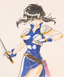 Rule 34 | 1girl, armor, ashura1221, belt, black hair, blue dress, breastplate, china dress, chinese clothes, cowboy shot, dress, earrings, fire emblem, fire emblem: genealogy of the holy war, gloves, holding, holding sword, holding weapon, jewelry, larcei (fire emblem), looking at viewer, nintendo, sheath, short hair, shoulder armor, side slit, sidelocks, solo, sword, thighs, tomboy, traditional media, tunic, weapon