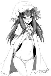 Rule 34 | 1girl, blush, bra, crescent, greyscale, hat, heart, ippongui, long hair, looking at viewer, monochrome, navel, panties, patchouli knowledge, simple background, solo, touhou, underwear, white background