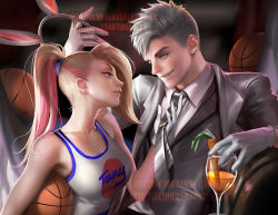 Rule 34 | 1boy, 1girl, animal ears, ball, basketball, basketball uniform, blonde hair, blue eyes, bugs bunny, carrot, carrot juice, clothes writing, cup, drinking glass, earrings, eye contact, fake animal ears, formal, gloves, holding, holding ball, humanization, jersey, jewelry, juice, lola bunny, long hair, looking at another, looney tunes, naughty face, necktie, parted lips, personification, ponytail, rabbit ears, sakimichan, short hair, silver hair, sleeveless, space jam, sportswear, suit, watermark, web address, wine glass