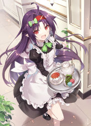 Rule 34 | 1girl, :d, ahoge, alternate costume, apron, black dress, bow, cake, cup, dress, enmaided, food, frilled apron, frills, gabiran, green bow, hair bow, hair intakes, hairband, highres, holding, holding tray, long hair, long sleeves, looking at viewer, maid, open mouth, parfait, plant, plate, potted plant, purple hair, red eyes, red hairband, sideways, smile, solo, sword art online, tea, teacup, tray, white apron, yuuki (sao)