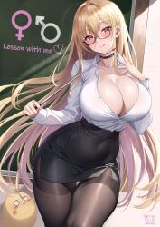 Rule 34 | 1girl, :q, azur lane, black choker, black pantyhose, black skirt, blonde hair, blush, breasts, chalkboard, choker, cleavage, glasses, hair between eyes, high-waist skirt, highres, holding, huge breasts, implacable (azur lane), implacable (shepherd of the &quot;lost&quot;) (azur lane), long hair, long sleeves, looking at viewer, manjuu (azur lane), official alternate costume, pantyhose, partially unbuttoned, pencil skirt, red eyes, shirt, shirt slip, shirt tucked in, signature, skirt, solo, studiopokotan, teacher, thigh gap, thighband pantyhose, thighhighs, tongue, tongue out, very long hair, white shirt