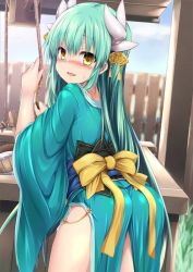 Rule 34 | 1girl, aqua kimono, ass, blush, bow, bucket, day, fate/grand order, fate (series), fence, green hair, horns, japanese clothes, kimono, kiyohime (fate), long hair, long sleeves, looking at viewer, open mouth, outdoors, pelvic curtain, pulling, sen (astronomy), smile, solo, sweat, thighs, well, yellow bow, yellow eyes
