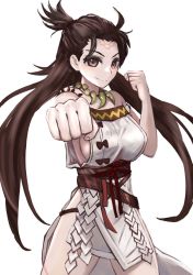 Rule 34 | 1girl, bare shoulders, body markings, breasts, brown eyes, brown hair, cleavage, dress, facial mark, fate/grand order, fate (series), forehead, forehead mark, highres, himiko (fate), himiko (first ascension) (fate), jewelry, large breasts, long hair, looking at viewer, magatama, magatama necklace, necklace, sanshi (sannshi 34), sash, side slit, sideboob, smile, thighs, topknot, twintails, white dress