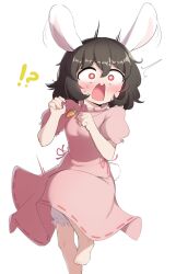 Rule 34 | !?, 1girl, animal ears, black hair, blush, bright pupils, carrot necklace, commentary, dress, floppy ears, hair between eyes, highres, inaba tewi, jewelry, necklace, open mouth, pink dress, rabbit ears, rabbit girl, rabbit tail, red eyes, short hair, short sleeves, sifserf, solo, standing, standing on one leg, surprised, sweat, tail, touhou, white background, white pupils