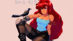 Rule 34 | 1990s (style), 1girl, armband, bare shoulders, belt, big hair, bird, bird on hand, black gloves, boots, breasts, chaps, cleavage, commentary, copyright name, crow, dark-skinned female, dark skin, david liu, english commentary, glenn (space maria), gloves, hair down, highres, knee pads, long hair, maria (space maria), medium breasts, narrow waist, pants, red eyes, red hair, retro artstyle, sitting, space maria, spaghetti strap, thighhighs, wallpaper