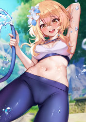 Rule 34 | 1girl, :d, alternate costume, arm up, armpits, bare arms, blonde hair, blue flower, blue pants, blue sky, blurry, blurry background, blush, commentary, cowboy shot, criss-cross halter, crop top, day, english commentary, flower, genshin impact, gluteal fold, groin, hair flower, hair ornament, halterneck, hand up, head tilt, highres, holding, holding hose, hose, leggings, long hair, looking at viewer, lumine (genshin impact), midriff, navel, open mouth, outdoors, pants, sky, smile, solo, squchan, standing, stomach, thighs, tree, water, yellow eyes