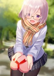 Rule 34 | 1girl, :d, alternate costume, bad id, bad twitter id, black-framed eyewear, black pantyhose, black skirt, blurry, blurry background, box, cowboy shot, day, dutch angle, fate/grand order, fate (series), gift, gift box, glasses, hair between eyes, haru (hiyori-kohal), heart-shaped box, jacket, long sleeves, mash kyrielight, mash kyrielight (fgo x lawson), miniskirt, open mouth, outdoors, pantyhose, pink hair, pleated skirt, purple eyes, red ribbon, ribbon, scarf, short hair, silver hair, skirt, smile, solo, standing, striped clothes, striped scarf, white jacket, yellow scarf