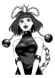 Rule 34 | absurdres, black dress, black hair, bright pupils, chain, chain chomp, chain leash, cuffs, dress, greyscale, highres, huge filesize, leash, looking at viewer, mario (series), monochrome, nintendo, open mouth, princess chain chomp, shackles, sharp teeth, simple background, sleeveless, sleeveless dress, solo, super crown, teeth, user aefd4733, white background