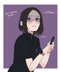 Rule 34 | 1girl, black shirt, blue eyes, brown hair, cellphone, clenched teeth, clothes writing, english text, freckles, holding, holding phone, hong doo, mole, mole under eye, phone, samsung, samsung sam, shaded face, shirt, short hair, short sleeves, simple background, smartphone, solo, sweat, teeth, upper body, watch, wristwatch