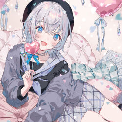 Rule 34 | 1girl, :d, animal print, balloon, blue eyes, blue hair, blush, butterfly print, grey hair, hat, highres, indie virtual youtuber, jacket, looking at viewer, multicolored hair, open clothes, open jacket, open mouth, plaid, plaid skirt, shizuku lulu, short hair, skirt, smile, virtual youtuber, yutsumoe