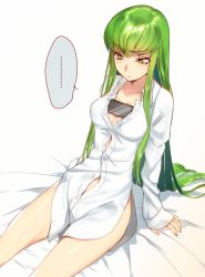 Rule 34 | ..., 1girl, arm support, breasts, buttons, c.c., cellphone, code geass, commentary request, creayus, dress shirt, getsuyoubi no tawawa, green hair, long hair, naked shirt, object on breast, phone, shirt, simple background, sleeves past wrists, solo, tawawa challenge, unbuttoned, very long hair, white shirt, yellow eyes