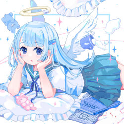 Rule 34 | 1girl, :o, angel, angel wings, aqua sailor collar, aqua skirt, blue eyes, blue hair, blue ribbon, book, colored eyelashes, cream, cup, cushion, elbow rest, feathered wings, floating, hair ornament, hairclip, halo, hands on own cheeks, hands on own face, head rest, highres, light blue hair, light blush, long hair, looking at viewer, lying, mug, neck ribbon, on stomach, original, pleated skirt, raised eyebrows, ribbon, sailor collar, school uniform, serafuku, shirt, sidelocks, simple background, skirt, sparkle, stuffed animal, stuffed cat, stuffed rabbit, stuffed toy, swept bangs, teddy bear, white background, white shirt, wing print, wings, yellow halo, yutukicom