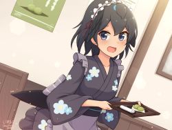 Rule 34 | 1girl, :d, apron, artist name, bird tail, black hair, blue eyes, commentary, floral print, food, hair between eyes, highres, indoors, kemono friends, looking at viewer, maid, maid headdress, obi, open mouth, sash, shiraha maru, short hair, smile, solo, superb bird-of-paradise (kemono friends), tail, tray, wa maid, waist apron, wide sleeves