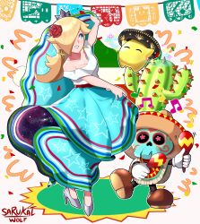 Rule 34 | 1girl, absurdres, blonde hair, blue dress, blue eyes, breasts, brown footwear, cactus, cleavage, confetti, crown, dancing, dress, earrings, flower, hat, high heels, highres, instrument, jewelry, looking to the side, luma (mario), maracas, mario (series), mexican dress, mexican flag, musical note, nintendo, poncho, rosalina, rose, sarukaiwolf, silver footwear, skull, smile, sombrero, super mario galaxy, super mario odyssey, tostarenan