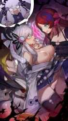 Rule 34 | 1boy, 2girls, absurdres, blonde hair, blue eyes, bottomless, breasts, cleavage, cleft of venus, comic, commission, dhampir vampire sheridan, dress, duel monster, eye contact, glowing, glowing eyes, grin, hand on another&#039;s chin, hand on another&#039;s stomach, highres, hypnosis, japanese clothes, large breasts, looking at another, mind control, monocle, multiple girls, open clothes, open mouth, pixiv commission, pussy, red hair, ro g (oowack), skull, smile, thighhighs, thought bubble, vampire fascinator, white hair, yu-gi-oh!, yuki-onna the absolute zero mayakashi, yuki-onna the ice mayakashi