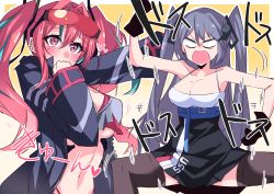 Rule 34 | 2girls, absurdres, angry, arm up, azur lane, bare shoulders, belt, bikini, bikini under clothes, black dress, black gloves, black legwear, blue belt, blue hair, blue jacket, blush, breasts, bremerton (azur lane), cleavage, clenched hand, clenched hands, collarbone, commentary request, cowboy shot, crop top, crop top overhang, dancing, dress, ear piercing, eyewear on head, gloves, gradient background, grey hair, hair between eyes, hair intakes, hair ornament, hand to own mouth, heart, highleg, highleg bikini, highres, himiya jouzu, intrepid (azur lane), jacket, large breasts, long hair, long sleeves, looking at viewer, looking to the side, midriff, mole, mole on breast, mole under eye, motion lines, multicolored hair, multiple girls, navel, open clothes, open jacket, open mouth, outstretched arm, piercing, pink bikini, pink eyes, pink hair, red-tinted eyewear, shirt, sidelocks, simple background, sleeveless, sleeveless dress, standing, streaked hair, sunglasses, sunglasses on head, swimsuit, thighhighs, tinted eyewear, translation request, twintails, two-tone shirt, underboob, underbust, upper body, v-shaped eyebrows, very long hair, yellow background, zettai ryouiki