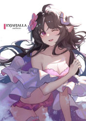 Rule 34 | 1girl, ;d, ahoge, animal ears, areaaaron, arknights, bandeau, bare shoulders, breasts, brown hair, cleavage, commentary, cowboy shot, duplicate, eyjafjalla (arknights), eyjafjalla (summer flower) (arknights), flower, hair flower, hair ornament, highres, horns, long hair, looking at viewer, medium breasts, off shoulder, official alternate costume, one eye closed, open mouth, pixel-perfect duplicate, purple eyes, sheep ears, sheep horns, simple background, smile, solo, stomach, white background
