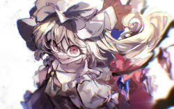 Rule 34 | 1girl, absurdres, ascot, blonde hair, blurry, calpis118, commentary, crazy eyes, crazy smile, crystal, depth of field, eyes visible through hair, flandre scarlet, floating hair, frilled shirt collar, frills, from above, hair between eyes, hat, hat ribbon, highres, looking at viewer, mob cap, open mouth, red eyes, red ribbon, red skirt, ribbon, shirt, side ponytail, simple background, skirt, smile, solo, teeth, touhou, upper body, upturned eyes, white background, white hat, white shirt, wide-eyed, wings, yellow ascot