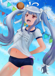 Rule 34 | 1girl, ahoge, arms behind back, assault lily, blue buruma, blue sky, bow, bread, bread eating race, buruma, clothes lift, cloud, collarbone, commentary request, confetti, cowboy shot, day, dutch angle, food, grey hair, gym uniform, haion runa, hair bow, headband, highres, long hair, looking at food, miriam hildegard von gropius, name tag, navel, open mouth, outdoors, pennant, pink eyes, shirt, shirt lift, short sleeves, sidelocks, sky, solo, sports festival, standing, stomach, string of flags, sweat, teeth, twintails, upper teeth only, v-shaped eyebrows, very long hair, white bow, white headband, white shirt
