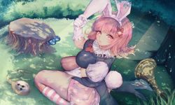 Rule 34 | 1girl, alice in wonderland, alternate costume, animal ears, arm between legs, bow, bowtie, breasts, c01a (cola), commentary, danganronpa (series), danganronpa 2: goodbye despair, dappled sunlight, day, english commentary, fake animal ears, flipped hair, gloves, hair bow, highres, instrument, looking at viewer, medium breasts, medium hair, nanami chiaki, outdoors, pink eyes, pink hair, pocket watch, polka dot, polka dot skirt, puffy short sleeves, puffy sleeves, rabbit ears, rabbit tail, red bow, red bowtie, seiza, short sleeves, sitting, skirt, solo, striped legwear, sunlight, tail, tailcoat, tree shade, tree stump, trumpet, watch, white gloves