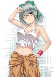 Rule 34 | 1girl, bare shoulders, bespectacled, black-framed eyewear, bow, breasts, brown eyes, cleavage, cowboy shot, crop top, glasses, green bow, green skirt, hair bow, highres, jumpsuit, kantai collection, kuromayu, looking at viewer, medium breasts, midriff, navel, one eye closed, orange jumpsuit, ponytail, skirt, smile, solo, standing, tank top, white tank top, yuubari (kancolle)