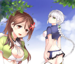 Rule 34 | 10s, 2girls, alternate eye color, amagi (kancolle), ass, bare shoulders, braid, breasts, brown eyes, brown hair, butt crack, cleavage cutout, clothing cutout, cloud print, day, from behind, green eyes, green legwear, hair between eyes, hair ornament, highres, jitome, kantai collection, large breasts, leaf, leaf hair ornament, leaning forward, looking at viewer, maple leaf, midriff, mole, mole under eye, multiple girls, neit ni sei, open mouth, outdoors, ponytail, silver hair, single braid, standing, thighhighs, unryuu (kancolle)