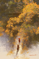 Rule 34 | 1boy, 1girl, artist name, autumn leaves, black hair, chinese clothes, chinese commentary, commentary request, falling leaves, from behind, hanfu, hat, highres, holding, holding umbrella, horseback riding, landscape, leaf, long hair, long sleeves, oil-paper umbrella, original, outdoors, path, ponytail, red robe, red shirt, red sleeves, red umbrella, redmatcha, riding, road, robe, shirt, sleeves past fingers, sleeves past wrists, straw hat, tree, umbrella, walking, watermark, weibo logo, wide shot, wide sleeves