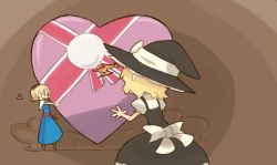 Rule 34 | 2girls, alice margatroid, arms up, bad id, bad pixiv id, blonde hair, blush, boots, bow, box, chocolate, dress, female focus, gift, hairband, hat, hat ribbon, heart, holding, holding gift, katsudansou, kirisame marisa, multiple girls, open mouth, ribbon, short hair, smoke, ^^^, surprised, sweatdrop, touhou, valentine, witch, witch hat, | |