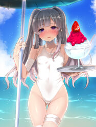 Rule 34 | 1girl, blue sky, blush, breasts, cloud, day, food, gluteal fold, grey hair, highres, horizon, ice cream, idolmaster, idolmaster shiny colors, long hair, looking at viewer, ocean, okuri banto, one-piece swimsuit, one eye covered, outdoors, parasol, purple eyes, revision, sky, small breasts, solo, summer, swimsuit, thigh gap, thighs, umbrella, white one-piece swimsuit, yukoku kiriko