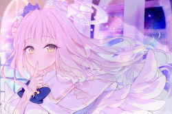 Rule 34 | 1girl, angel wings, arm between breasts, blue archive, blue bow, blue bowtie, bow, bowtie, capelet, colorful, eyelashes, finger to mouth, floating hair, flower, hair bun, hair flower, hair ornament, halo, hand up, index finger raised, light blush, long hair, looking at viewer, mika (blue archive), pink hair, pomepon, solo, upper body, white capelet, window, wings, yellow eyes