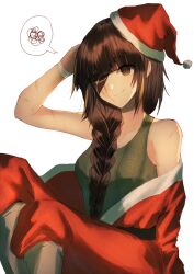 Rule 34 | 1girl, brown eyes, brown hair, closed mouth, coat, eyepatch, girls&#039; frontline, green shirt, highres, m16a1 (girls&#039; frontline), merry christmas, red coat, red headwear, scar, shirt, simple background, smile, thinking, xanax025