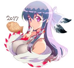 Rule 34 | 1girl, 2017, bare shoulders, bow, breasts, feather hair ornament, feathers, finger to mouth, food, hair bow, hair tubes, kagaminomachi no kaguya, kaguya (kagaminomachi no kaguya), kusanagi tonbo, large breasts, long hair, looking at viewer, original, purple eyes, purple hair, simple background, solo, taiyaki, upper body, wagashi, white background