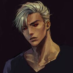 Rule 34 | 1boy, black background, black sclera, black shirt, colored sclera, grey hair, jojo no kimyou na bouken, lips, looking at viewer, male focus, meron nouka, parted lips, red eyes, risotto nero, shirt, solo, upper body, vento aureo