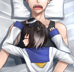 Rule 34 | 10s, 1boy, 1girl, admiral (kancolle), brown hair, easy (aqk7bdqt), closed eyes, gradient hair, grey hair, hat, kantai collection, lying on person, multicolored hair, open mouth, short hair, sleeping, sleeves past wrists, tokitsukaze (kancolle)