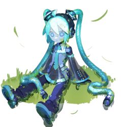 Rule 34 | 1girl, ahoge, android, aqua eyes, aqua hair, aqua necktie, blue eyes, blue hair, blue skin, cable, cable hair, cheri zao, colored skin, detached sleeves, expressionless, full body, grass, hatsune miku, highres, long hair, mechanical parts, moss, necktie, number tattoo, on grass, on ground, pleated skirt, robot, see-through, see-through skirt, see-through sleeves, shirt, simple background, sitting, sketch, skirt, solo, tattoo, twintails, very long hair, vocaloid, white background, wide-eyed, wide sleeves