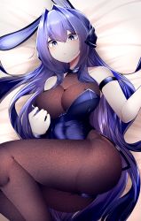 Rule 34 | 1girl, absurdly long hair, absurdres, animal ears, arm strap, ass, azur lane, bare shoulders, black leotard, bodystocking, breasts, cleavage, fake animal ears, highleg, highleg leotard, highres, huge filesize, large breasts, leotard, leotard pull, long hair, lying, new jersey (azur lane), new jersey (exhilarating steps!) (azur lane), official alternate costume, on bed, on side, oversized breast cup, playboy bunny, pulled by self, purple eyes, purple hair, rabbit ears, samip, see-through, see-through cleavage, solo, strapless, strapless leotard, thighs, very long hair, wrist cuffs