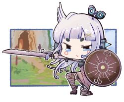 Rule 34 | 1girl, alternate costume, and uge, blue eyes, blunt bangs, brown dress, brown footwear, chibi, closed mouth, commentary, dress, frown, full body, grey hair, hair ornament, hairpods, highres, holding, holding shield, holding sword, holding weapon, long hair, looking at viewer, medium bangs, nanashi inc., on one knee, shield, shoes, solo, sword, thick eyebrows, touki31249960, v-shaped eyebrows, virtual youtuber, weapon, white background, winding key, x hair ornament